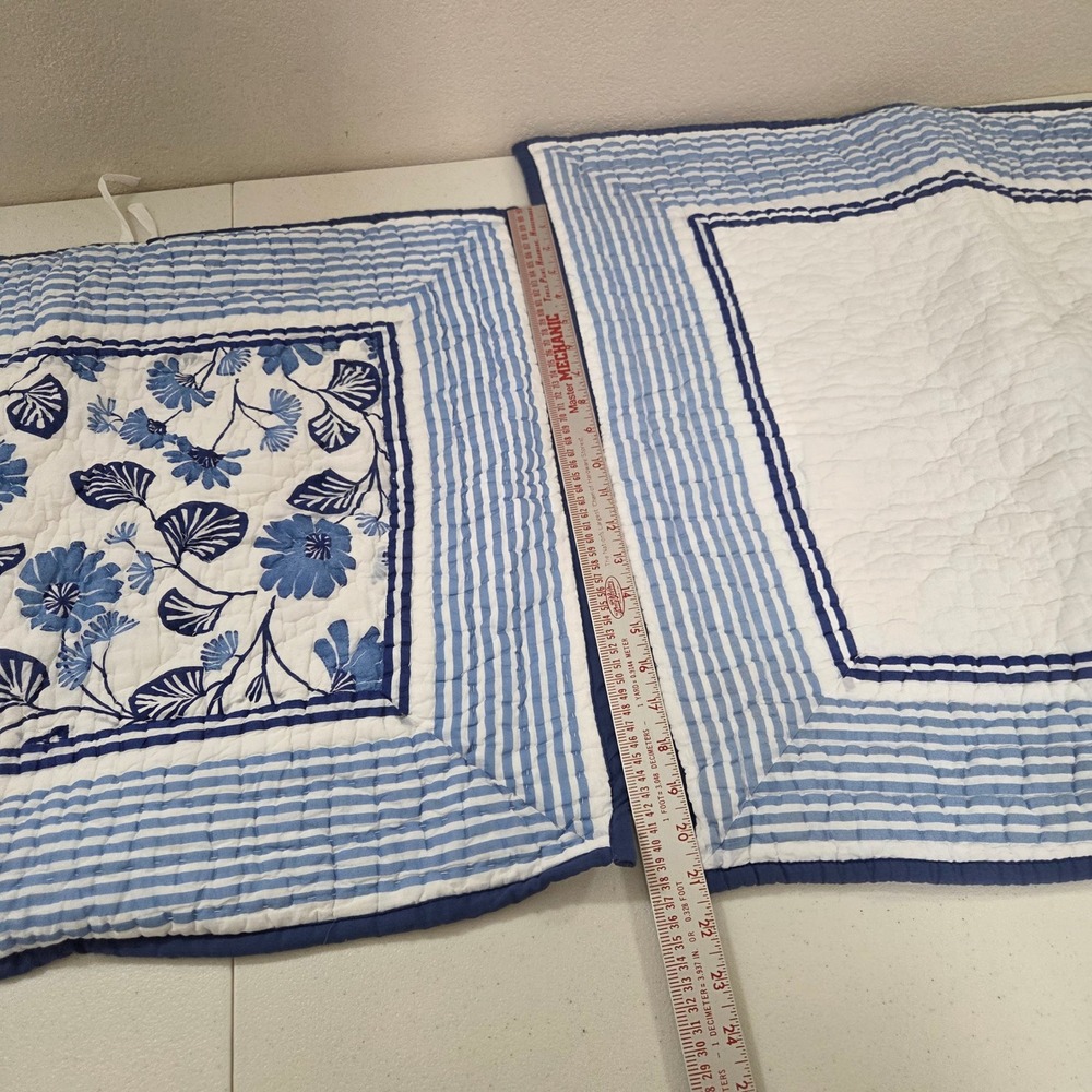 Company Store Blue White Floral Striped Quilted Pillow Shams Set of 2 - Picture 3 of 7